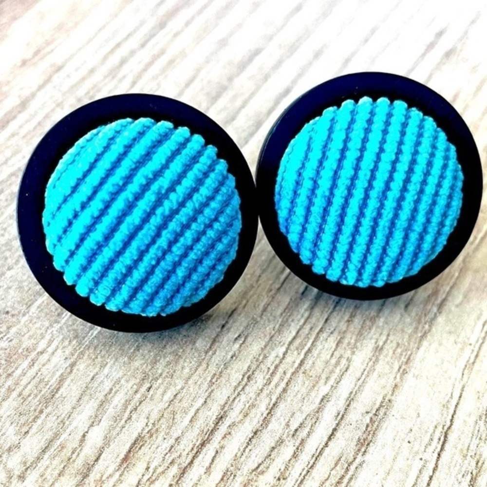 Blue and Black Fabric Covered Button Chunky Handmade Earrings, 20mm, NWT, Unworn